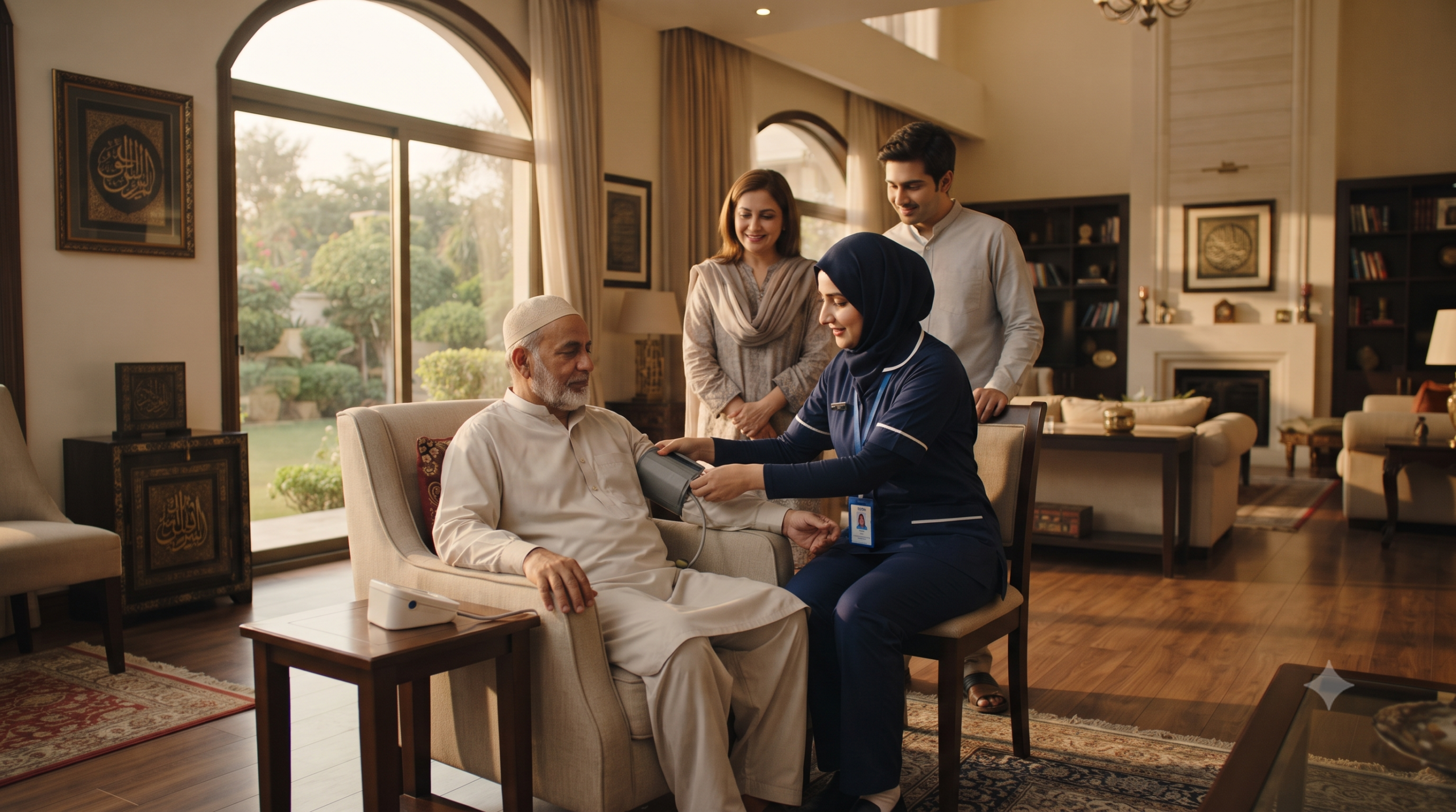 Patient care attendant supporting elderly patient at home in Lahore